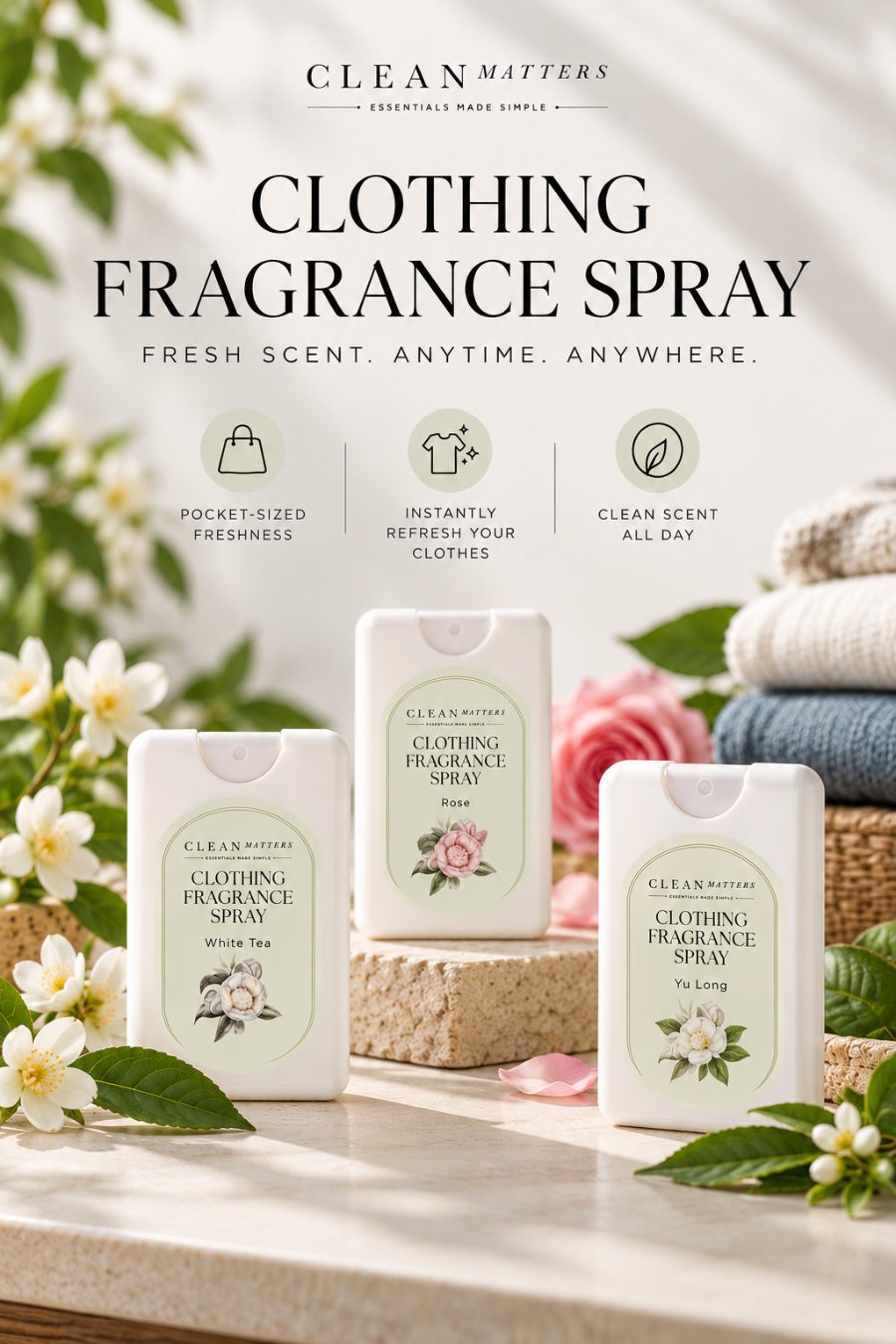 CleanMatters Clothing Fragrance Spray in White Tea, Rose and Yu Long scents