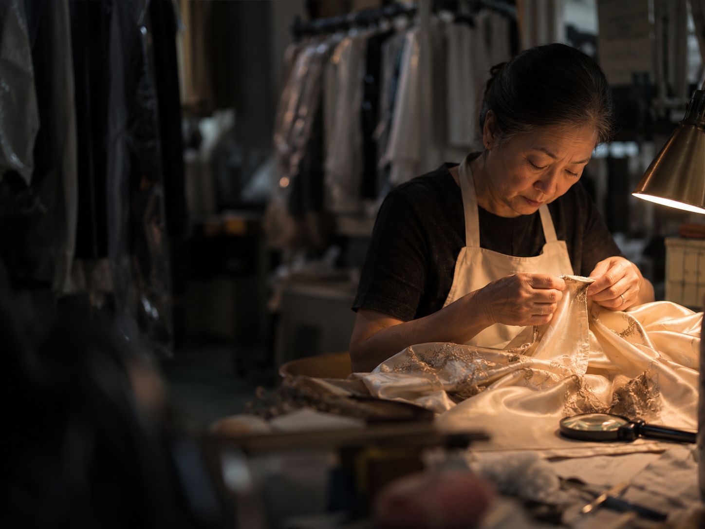 Astoria seamstress inspecting a delicate ivory garment by hand under a work lamp
